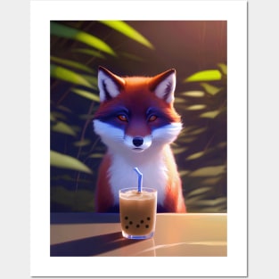 Fox with boba bubble tea Posters and Art